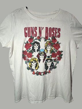 Guns N Roses White Graphic Tee With Skull & Roses Print Size 2XL 100% Cotton Pre